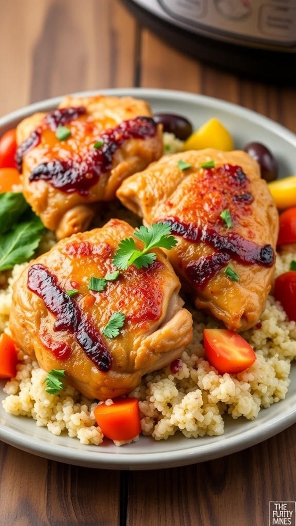Instant Pot chicken thighs on quinoa, garnished with parsley, served on a rustic table.